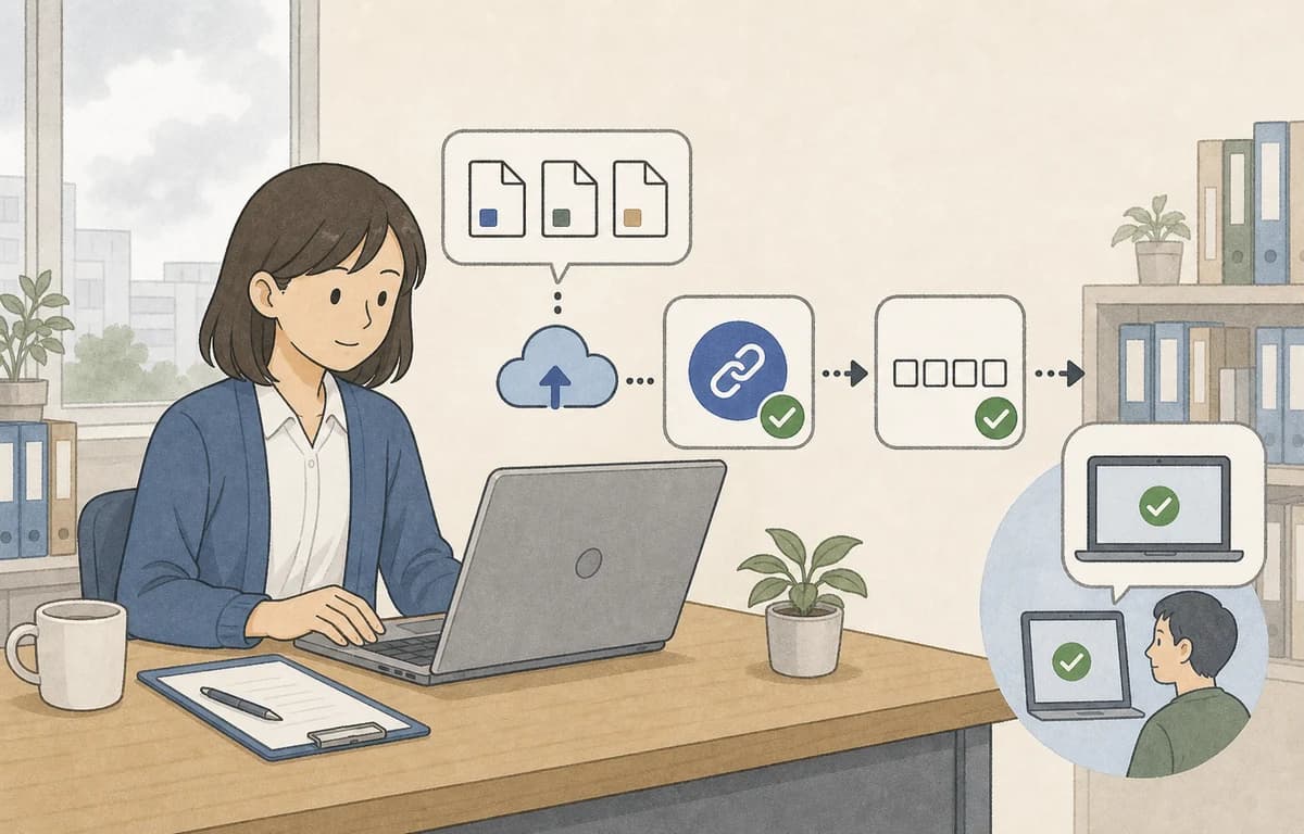 メール添付からリンク送付と確認コード入力へつながる運用のイメージ